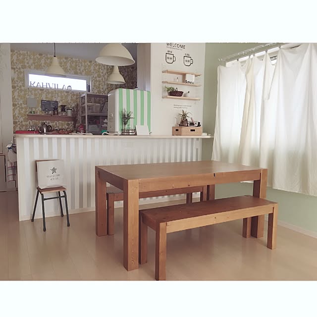 mt CASA,北欧ナチュラル,シンプルナチュラル,マスキングテープデコ,アクセント壁,マスキングテープ　壁,カウンター下,ストライプの壁紙,北欧,ダイニング,ゆるめミニマム,IKEA 照明 Kaoの部屋