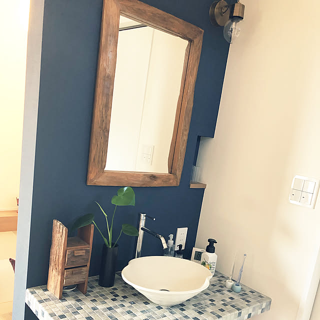 陶器シンク,観葉植物,モンステラ,ネイビーの壁,タイル洗面台,Bathroom Ryoの部屋