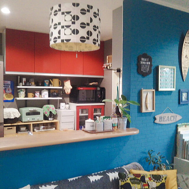 Kitchen,赤いキッチン,ブルーの壁,カラフル,風水 peachnutの部屋