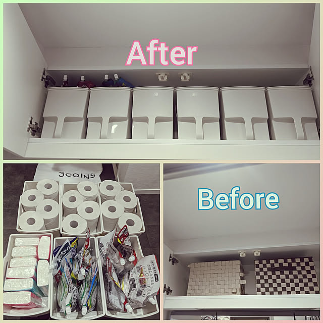 Bathroom,子供のいる生活,500円商品,3COINS,一条工務店 ismart,兄妹の子育て,完全分離二世帯住宅,吊戸棚ボックス,二世帯住宅,一条工務店,スリーコインズ,２階部分,脱衣所,ランドリールーム,洗面台の上収納,リュクスドレッサー,トイレットペーパー,ティッシュ,洗濯洗剤 kii.na0112の部屋