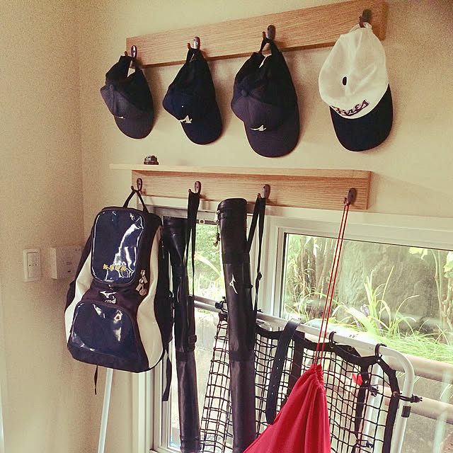 Entrance,野球,無印良品,収納,DIY,セリアの取っ手,壁に付けられる家具,壁のディスプレイ,100均,玄関収納,かばん収納,野球少年がいるおうち,長押 machaの部屋