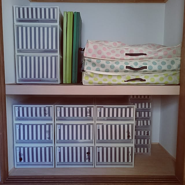 My Shelf,クローゼット,和室,しましま,ストライプ,セリア,IKEA,ムーミン,フェリシモ,収納,洋服収納,布団収納,無印良品,ポリプロピレンケース,水玉,布団圧縮,衣類収納 yusumiaの部屋