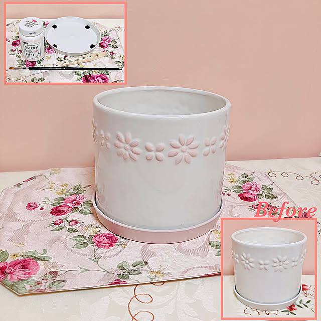 10分でできる,いやしの空間,植え替え,おうち時間,癒し,遊んでみました♪,リメイク,みて頂き有難うございます(^^),模様替え,ダイソー　鉢　リメイク,くつろぎ空間,My Shelf,スモーキーピンク色,ダイソー　ハケ(刷毛),ダイソー　受皿5号,ダイソー　白い鉢,ダイソーミルクペイント,100均リメイク pinaminの部屋