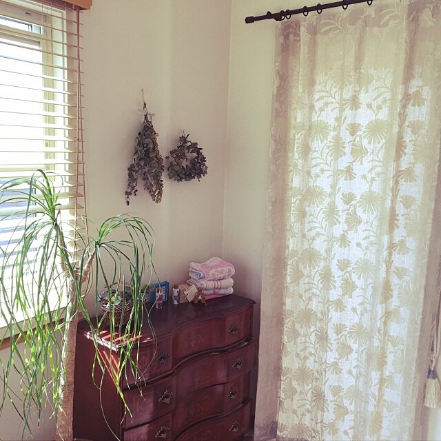 Lounge,イタリア製のチェスト,リネンのカーテン,スワッグ作ってみました,観葉植物,アンティーク peiranの部屋