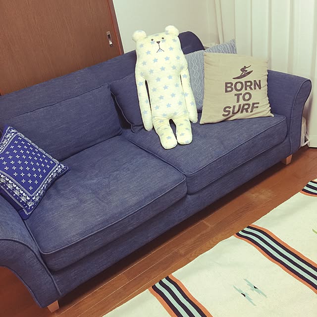 Lounge,ニトリクッションカバー,デニムソファー,カリフォルニアスタイル,WTW風,ロンハーマン風にしたい,赤ちゃんのいる暮らし,WTW クッション Kikoの部屋