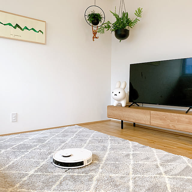 ロボット掃除機,心地よく暮らす工夫,グリーンのある暮らし,子どもと暮らす,植物のある暮らし,ナチュラルインテリア,シンプルインテリア,山口一郎さんの絵,ニトリのラグ suzumaruの部屋
