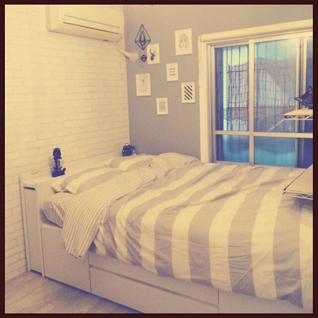 Bedroom,グレーの壁,ニトリ布団カバー,ニッセンのベッド,ダイソー,ヒンメリ komeの部屋