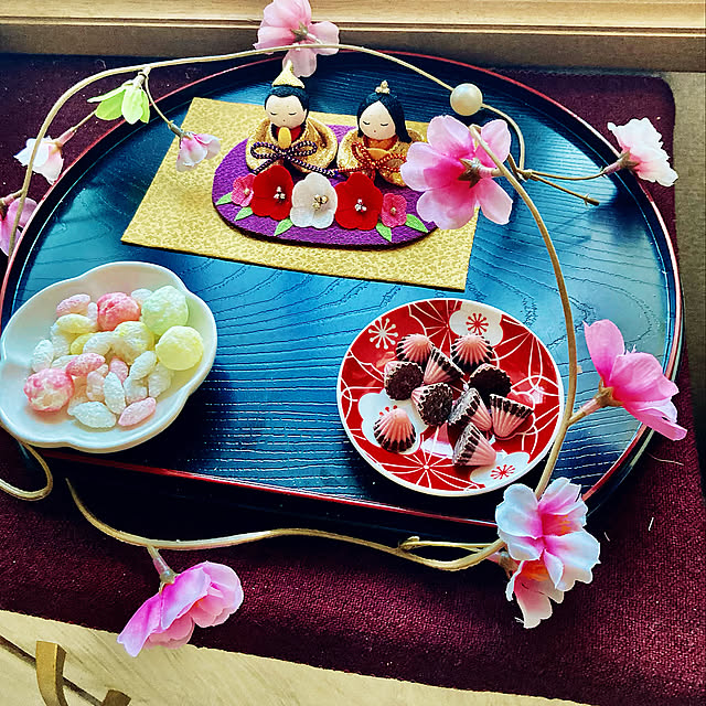 イベント記録用です,RCの出会いに感謝♡,見てくれてありがとう♡,ひなあられ,セリアの豆鉢,セリアの豆皿,ダイソー桜ガーランド,半月盆,ちりめんお雛様,リビングチェスト上,ひな祭り,My Shelf,癒し CoCo0617の部屋
