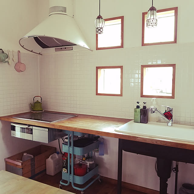 Kitchen,RC千葉支部,山善キャセロールモニター応募,ホーローシンク,台所,タイル,ホーローやかん,木製キッチン yuki.rimonodropの部屋