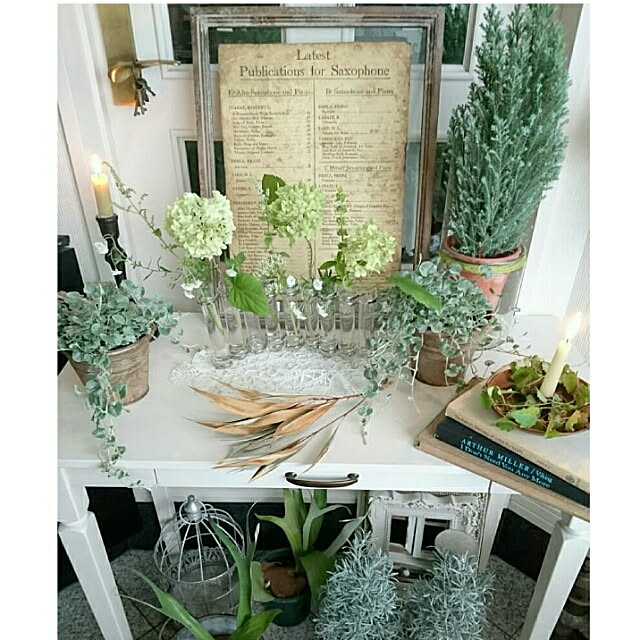 Kitchen,2019.7.14,インスタ→zhukimizi,花のある暮らし,植物のある暮らし,白のデスク,アンティーク風ガラスフレーム,キャンドルスタンド,キャンドル,洋書,アナベル kimiの部屋