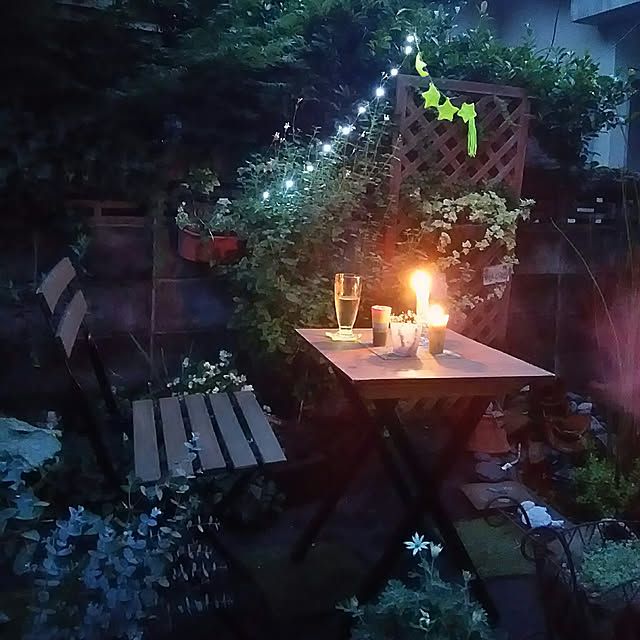 Entrance,夜のリラックスタイム,100均,ダイソー,ストリングライト,ボタニカルキャンドル,リメイクテーブル,IKEAの椅子,ガーデニング,庭 Netemosametemo-COOの部屋