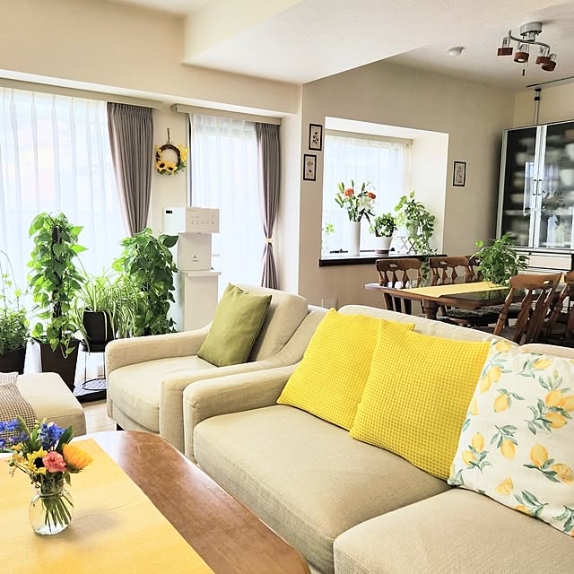 Lounge,夏の模様替え,観葉植物のある暮らし,ウォーターサーバーのある暮らし,生花のある暮らし,ひまわり,ポトスタワー仕立て,ソファー,ダイニングテーブル＆チェア,窓辺のグリーン,出窓,オリヅルラン,ポトス水挿し,クッションカバー,ワッフル地,2枚投稿,テーブルランナー,レモン柄のクッションカバー,夏,アイビー,マグネットカーテンタッセル,明るいリビング,ランチョンマット,フェイクフラワーリース,黄色,イエロー,グリーン,ニトリ,アクセントカラー,マンション暮らし love1017の部屋