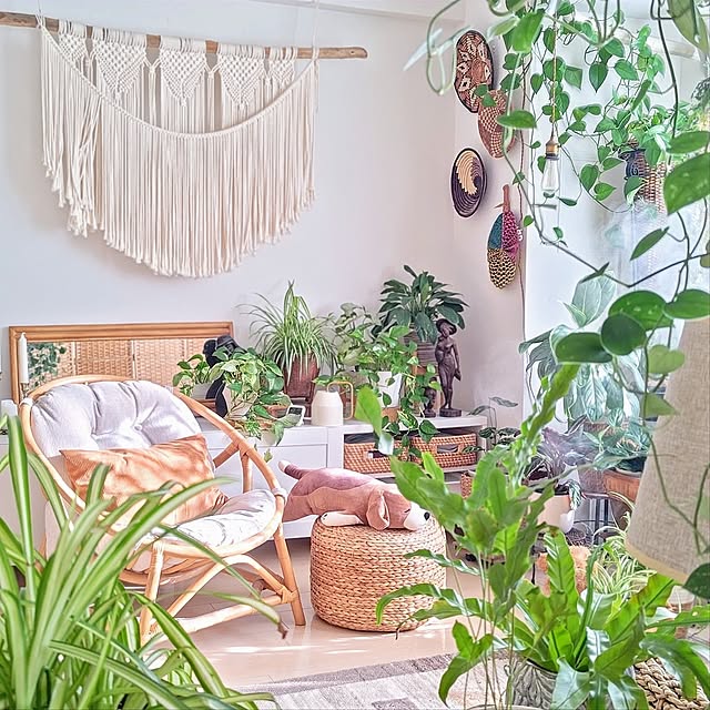 Lounge,ミラー,一人暮らし,2025.1.19,URBAN GREEN LIFE,ラタンミラー,ナチュラルインテリア,籐製品が好き,観葉植物,マンション,ナチュラル,マクラメタペストリー手作り,抱き枕ぬいぐるみ YuriYuriの部屋