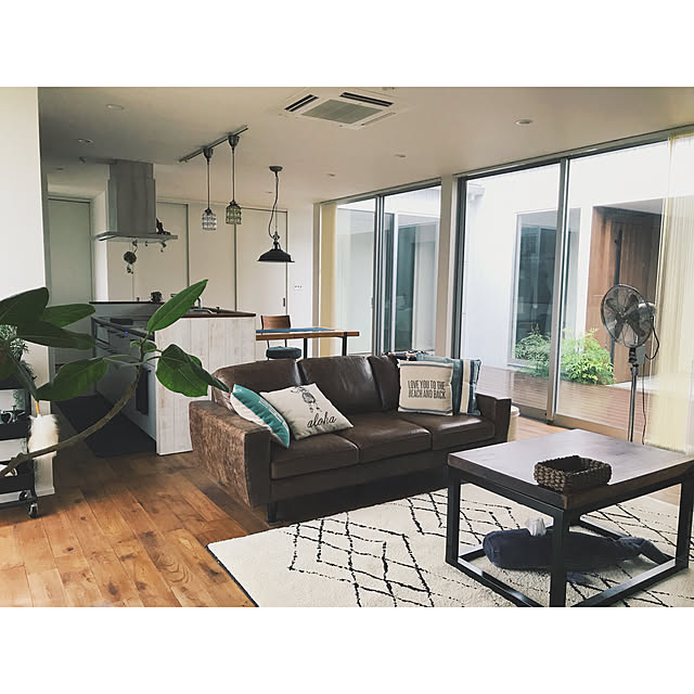 Lounge,インダストリアル,ベニワレン風,unico,ラグ,グリーンのある暮らし,平屋,インテリア,中庭のある家,アイランドキッチン,新築一戸建て,無垢床,無垢の床,中庭,新築 km_home17の部屋