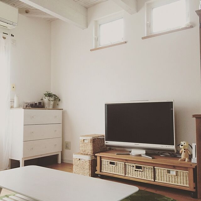 Lounge,無印良品かご,TV台DIY,TVボード周辺,TV台,IKEAチェスト mipoの部屋