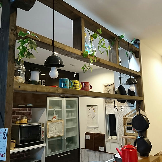 Kitchen,ニトリ,いいね、フォロー本当に感謝です♡,いいねと、フォローの押し逃げすみません！,ニトリのスキレット,2018.04.23,旦那さんDIY,セリア,ペンダントライト,ペンダントライトリメイク ciiiの部屋
