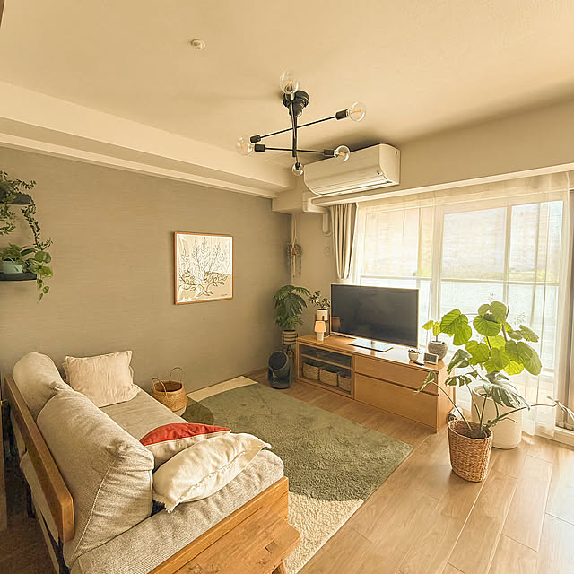 Lounge,ウンベラータ,観葉植物,リビング,アクセントクロス,マンション,サーキュレーター,北欧ナチュラル,癒しスペース,ウニコソファ,unico ソファ,無印良品テレビボード,モモナチュラルのラグ,観葉植物のある暮らし,RHYTHM,アストル照明,くらしのリズムを整える,リズムアンバサダー Anthuriumの部屋