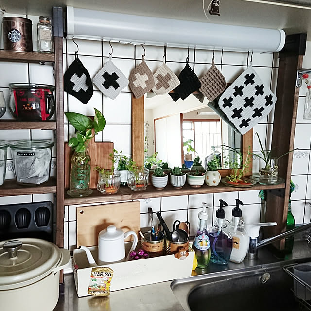 Kitchen,観葉植物,NO GREEN NO LIFE,陶器,ポトス水挿し,小石原焼,お猪口,にんじんの葉っぱ,ラブリコ,キャセロール,山善,くらしのeショップモニター sakusakuの部屋