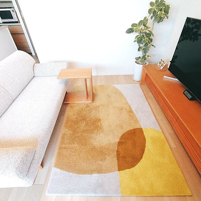 Lounge,お気に入りの柄,ラグ,黄色ラグ,momo natural,オーダー,ソファ,観葉植物,横長リビングダイニング,飛騨家具,shirakawa,シラカワ,木の温もり,愛用の家具,テレビ台,テレビボード,ローソファ harikoの部屋