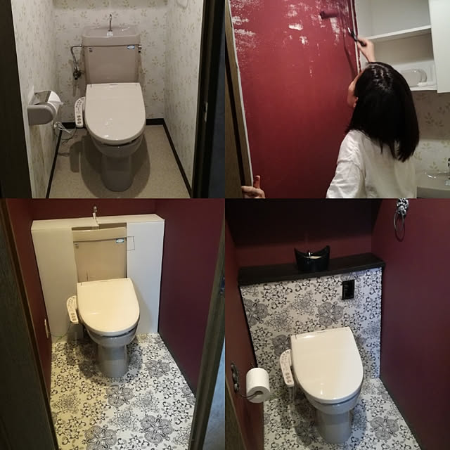 Bathroom,DIY,リフォーム 中古,セルフリノベ,甘辛ミックス,レトロ,トイレタンク隠し DIY,トイレ　リノベ,セルフリフォーム,壁紙屋本舗,床　DIY,セルフペイント,セリア,カフェ風インテリア,トイレの壁,フロアクッション,プラダン,プラダンDIY,マンションリノベーション hibanaの部屋