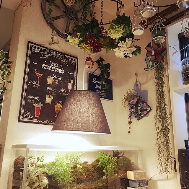 Kitchen,壁面緑化,カフェ風,癒し,DIY,苔リウム,ハンドメイド,ペンダントライト,IKEA 照明 gomachanの部屋