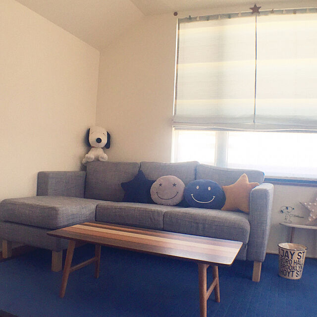 Lounge,グレーとブルーが好き！,スヌーピー♡,ニコちゃん◡̈⃝,グレーインテリア,IKEA L字ソファ maiの部屋