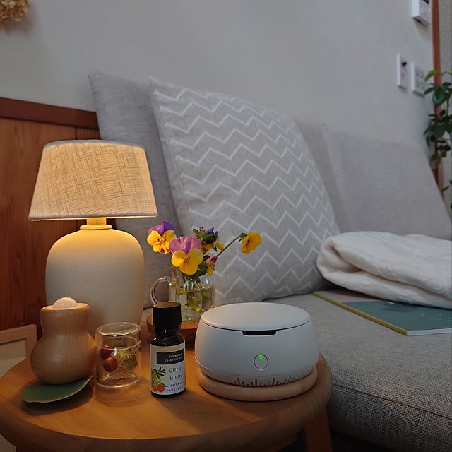 Lounge,香りのある暮らし,持ち運べるアロマディフューザー,エッセンシャルオイル専用,シトラスブレント,天然精油100％,ニトリ,コードレス,電池式,USB充電式,Audo Copenhagen,タッチ式ライト,コードレスライト,ビオラ,くつろぎスペース,癒し,アロマディフューザー,花瓶,フラワーベース,春,季節を楽しむ,暗くてすみません。,早朝pic,選べる電源,気軽に使える,熱くならなくて安全です♡,使いやすい♡ mak.の部屋