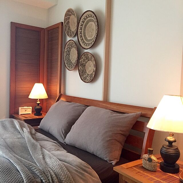 Bedroom,無印良品,一人暮らし,間接照明,アフリカンバスケット,ジンバブエバスケット,バリ,リゾート,ミックス＆リラックス shinの部屋
