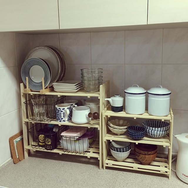 Kitchen,ダイソー,DANSK,ホーローキャニスター,波佐見焼,すのこ棚,すのこ,100均,DIY,セリア,ハンドメイド,カゴ収納,離乳食奮闘中。,生活感たっぷり Mamiの部屋