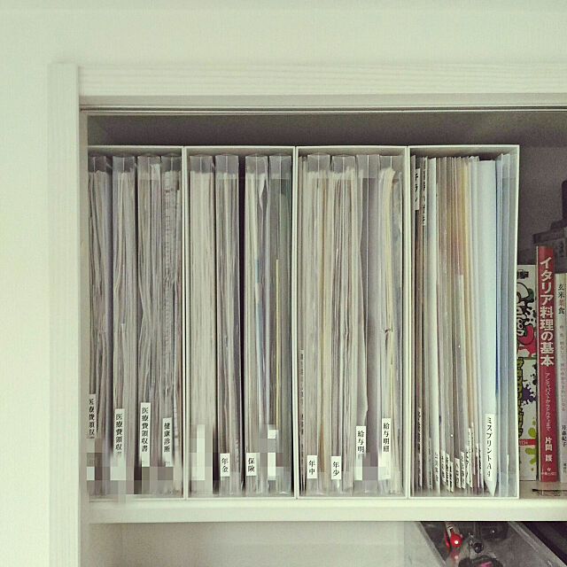 My Shelf,書類収納,無印,ファイルケース,ポリプロピレンマチ付きクリアケース,ネームランド,after画像,リビングクローゼット meguの部屋