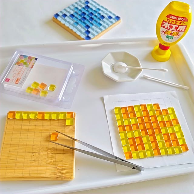 My Desk,ハンドメイド,一人暮らし,マンション,100均アイテム,ガラスタイル,ガラスタイルコースター,ダイソー商品,2025.8.16,ココナッツミルクプリン,URBAN GREEN LIFE,ボタニカルインテリア,モニター応募投稿,夏 YuriYuriの部屋