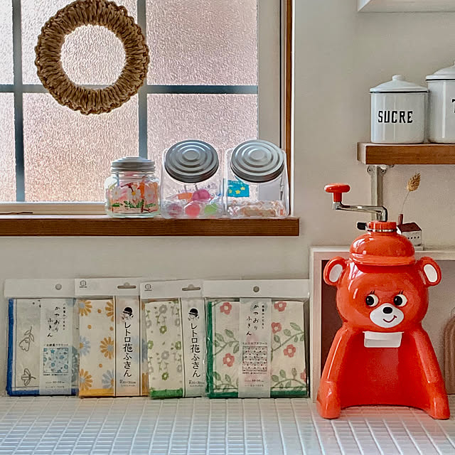 Kitchen,セリアかや織ふきん,かや織りふきん,定番アイテム,夏,カフェ風インテリア,天然素材の家,かき氷機,タイルキッチン,かき氷きょろちゃん,台拭きはかや織りふきん mami3の部屋