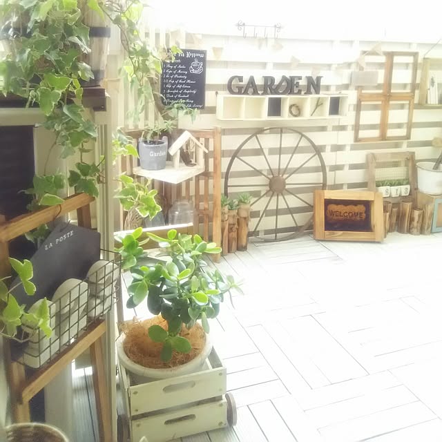 Entrance,ダイソー,セリア,キャンドゥ,アイビー,ミーツ,かまぼこ板リメイク,金のなる木,レモンユーカリ,ニトリすのこ,南側ベランダ,カート形プランターボックス,2016.9.20 flannel.の部屋