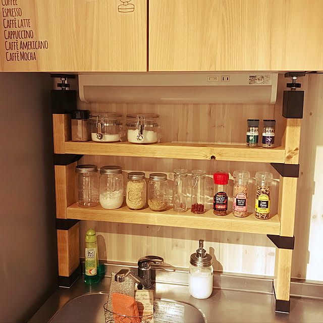 Kitchen,カフェ風,ヴィンテージ風,アメリカンヴィンテージ,調味料ラック,調味料棚,２×４,ラブリコ,DIY,キッチン,セリア,100均 soramaruの部屋