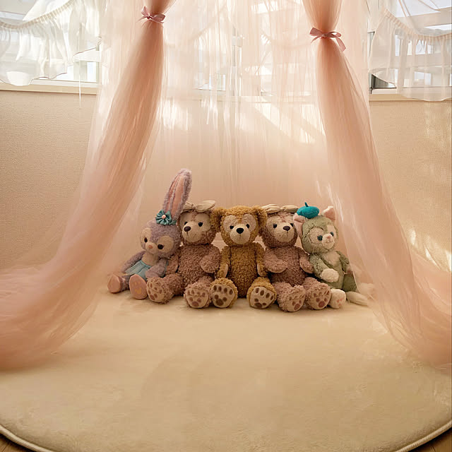ピンク好き,ピンク×ホワイト,ピンク,ラグマット,ラグ,低反発ラグ,円形ラグ,天蓋カーテン,天蓋,キャノピー,キッズコーナー,キッズスペース,キッズスペース (リビング),子供部屋&キッズスペース,リボン,ホワイトインテリア,エレガント,Lounge yukarinの部屋
