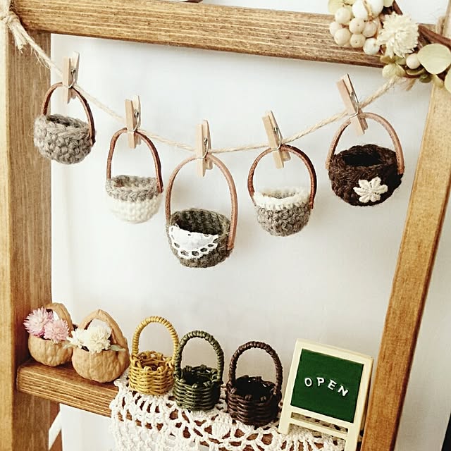 Lounge,エコクラフト,ミニチュアかご,ミニ編みカゴ,kurumiちゃんｸﾙﾐﾊﾞｽｹｯﾄ,ドライ,手作りラダー,エコクラフト初挑戦☆ mieの部屋