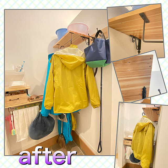 散歩,棚DIY,DIY初心者,犬のいる暮らし,雨具,セリア　アイアンバー,散歩バッグ,いぬと暮らす,棚受けアイアン,いぬのいる暮らし,土間,My Shelf,散歩グッズ tanboの部屋
