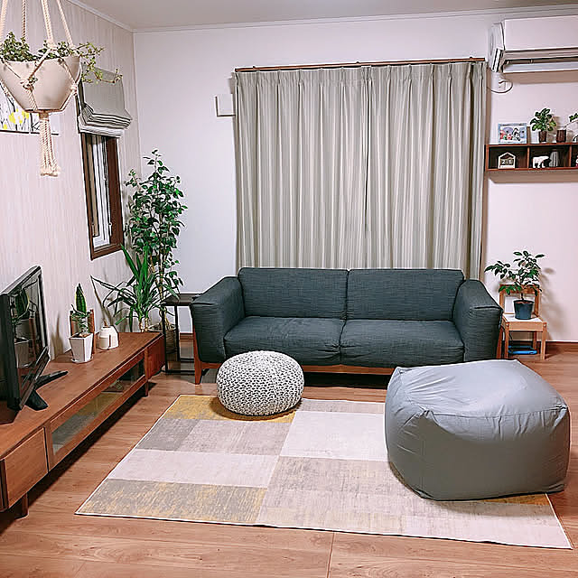 ピレアグラウカグレイシー,ハンギンググリーン,鉢植え,ラグ,プフスツール,ペットと暮らす家,サンセベリア,ガジュマル,ユッカ,3COINS,ニトリのソファ,植物のある暮らし,無印良品,フェイクグリーン,子供のいる暮らし,プフ,ねこのいる暮らし,無印良品 壁に付けられる家具,ベンジャミン,ディスプレイコーナー,Lounge reo..m.aの部屋