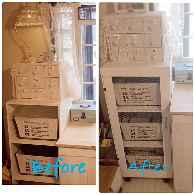 DIY,ホワイトインテリア,フレンチカントリー,いいね&フォローありがとうございます☆,シャビーシック,セリア,カラーボックス 扉,Room Clipとの出会いに感謝✳︎,チキンネット扉DIY,ホワイトインテリアに憧れて♡,ホワイトシャビー,ダイソー,いつもいいねやコメありがとうございます♡,100均,カラーボックス DIY,My Shelf Atsukoの部屋