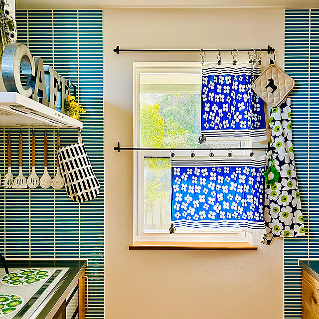 Kitchen,ティータオル,アルメダールス,marimekko,メトサンヴァキ,ベラミ,PCスペース,タイル壁,カーテン代わり,キッチンクロス,カーテンクリップ,ドムスチェア maric323の部屋