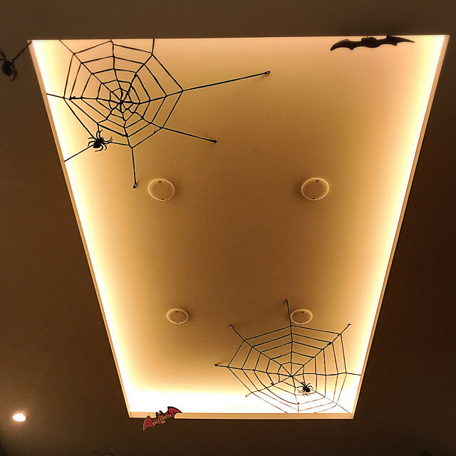 On Walls,蜘蛛の巣ハンドメイド,こうもり,蜘蛛の巣,セリア,Ｔシャツヤーン,ライン照明,Panasonicリビングライコン,間接照明,折上天井,ハロウィン yukikoの部屋