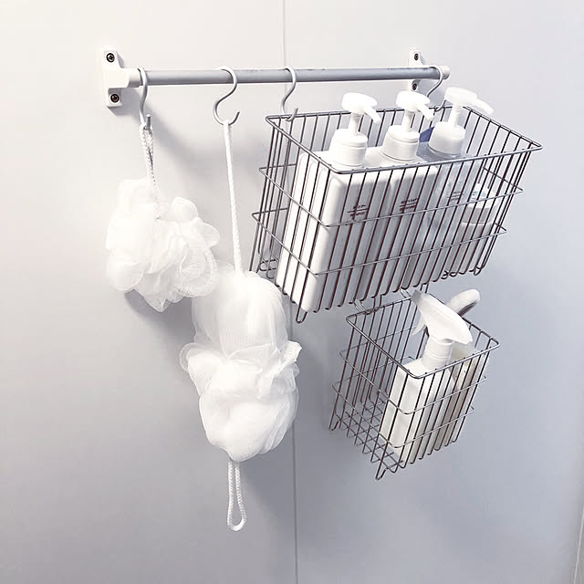 お風呂掃除道具,シャンプー収納,無印良品,のびのびボディーネット,ボディーネット,新商品買ったよ！,シンプル,ホワイト,Bathroom,S字フック,ステンレスワイヤーラック R.Y.Tの部屋