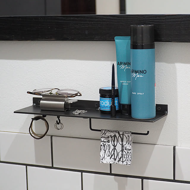 Bathroom,100均DIY,100均リメイク,ホテルライクな暮らし,ホテルライク,インダストリアルに憧れて,インダストリアルインテリア,インダストリアル,タイル貼り,タイル壁,化粧品、アクセ、小物,化粧品収納,アイアンフック,アイアン素材,アイアン雑貨,アイアンレッジ,アイアンバー,a.depeche,洗面所DIY,洗面所 収納,洗面スペース,洗面室リフォーム,洗面室,100均アイテム,メガネ置き Akiy15の部屋