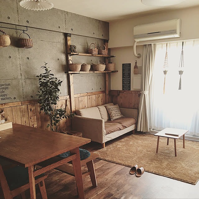 Lounge,リメイク,クッションフロア,かご,いなざうるす屋さん,壁紙屋本舗,コンクリート風壁紙,板壁DIY,DIY,ディアウォール,インスタ→malco_yan malco-yanの部屋