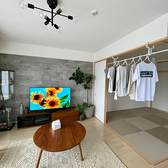 洗濯物のpicで失礼します,乾燥機欲しい,鴨居ハンガー,部屋干し,梅雨の楽しみ方,モンステラ,円形テーブル,ダイケン　和紙畳,Panasonic VIERA,RoomClipの出逢いに感謝♡,リクシル　エコカラット,いいね！コメント！うれしいです♥,IKEA,DAIKEN,ラフセメント,エコカラット,ACTUS テレビボード,ゴムの木,Lounge manchanの部屋
