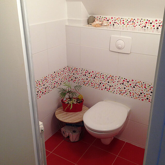 Bathroom,タンクレストイレ,アイアンかご,浮いてるトイレ,赤,タイル,漆喰壁DIY,セルフペイント MIKIの部屋