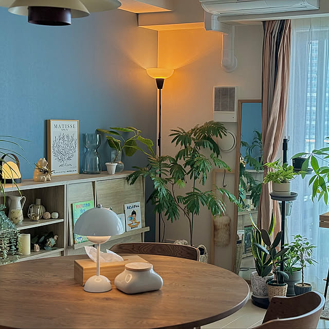 Lounge,観葉植物,照明,IKEA,カフェ風,北欧インテリア,窓辺のインテリア,リラックス空間,unico,INTERFORM,アクセントクロス ブルーグレー busho_no_hahaの部屋