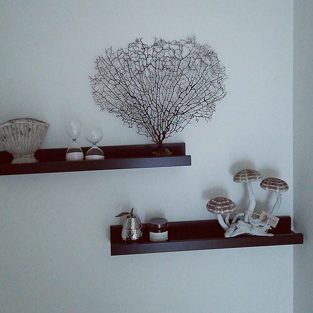 On Walls,ウミウチワ,流木きのこ？,洋梨キャンドル,H＆M HOME,DAISO砂時計,IKEA棚 Esの部屋