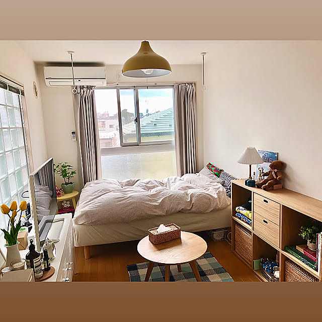 1K 1人暮らし,フェイクグリーン,観葉植物,ナチュラルインテリア,無垢の家具,無印良品,せまい部屋,ナチュラル,IKEA,雑貨,一人暮らし,カフェ風,北欧,DIY,照明,DIY女子,サイドテーブルDIY,コレ、DIYしたよ！,Overview ikurachanの部屋