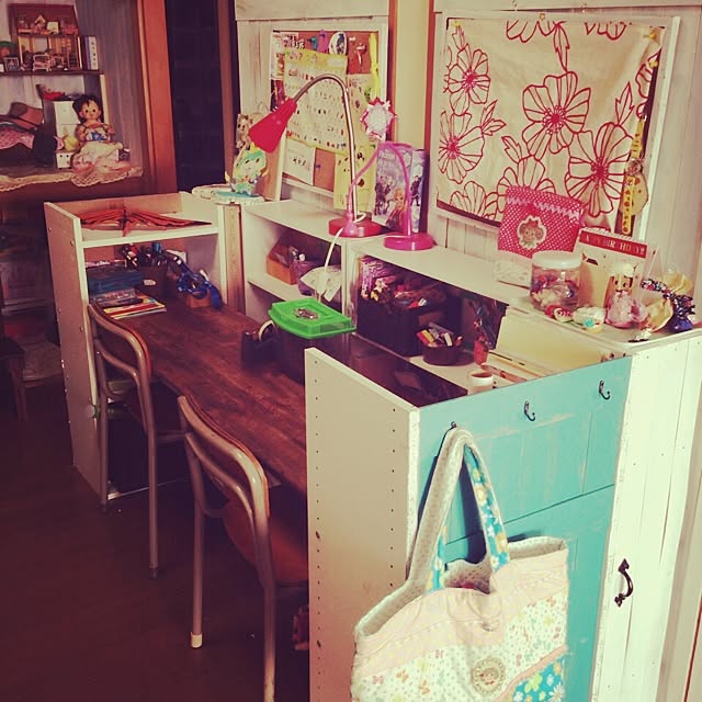 My Desk,カラーボックス,DIY,こども部屋、すっきりさせたい。,ふすま　板壁 shimashimaの部屋
